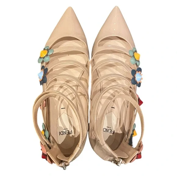 Fendi Flowerland Patent Leather Floral Trim Pointed Toe Ankle Cage Ballet Flats - Picture 2 of 6